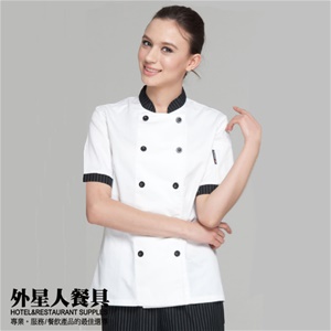 廚衣-短袖女版雙排黑扣(白)撞細白條)(M-2XL)